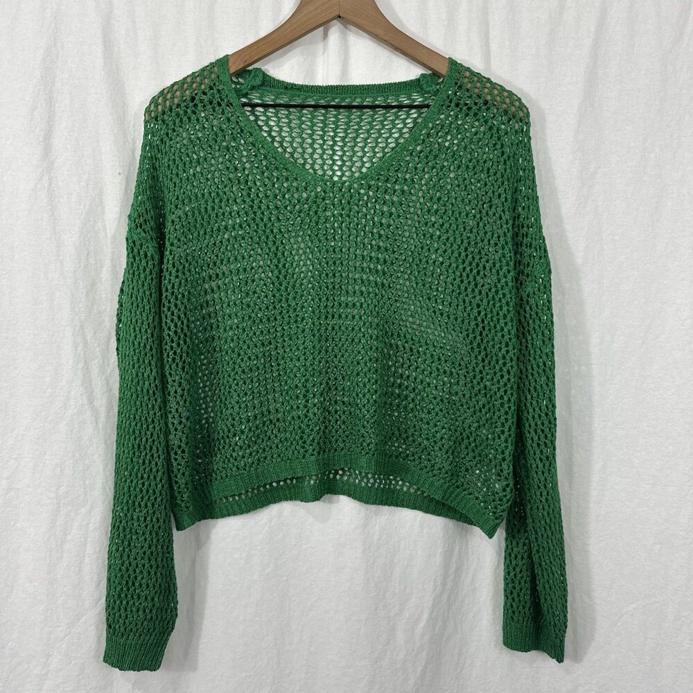 Perout Green Open Crochet Knit Oversized Slouchy Beach Boho Sweater Sz L Resort